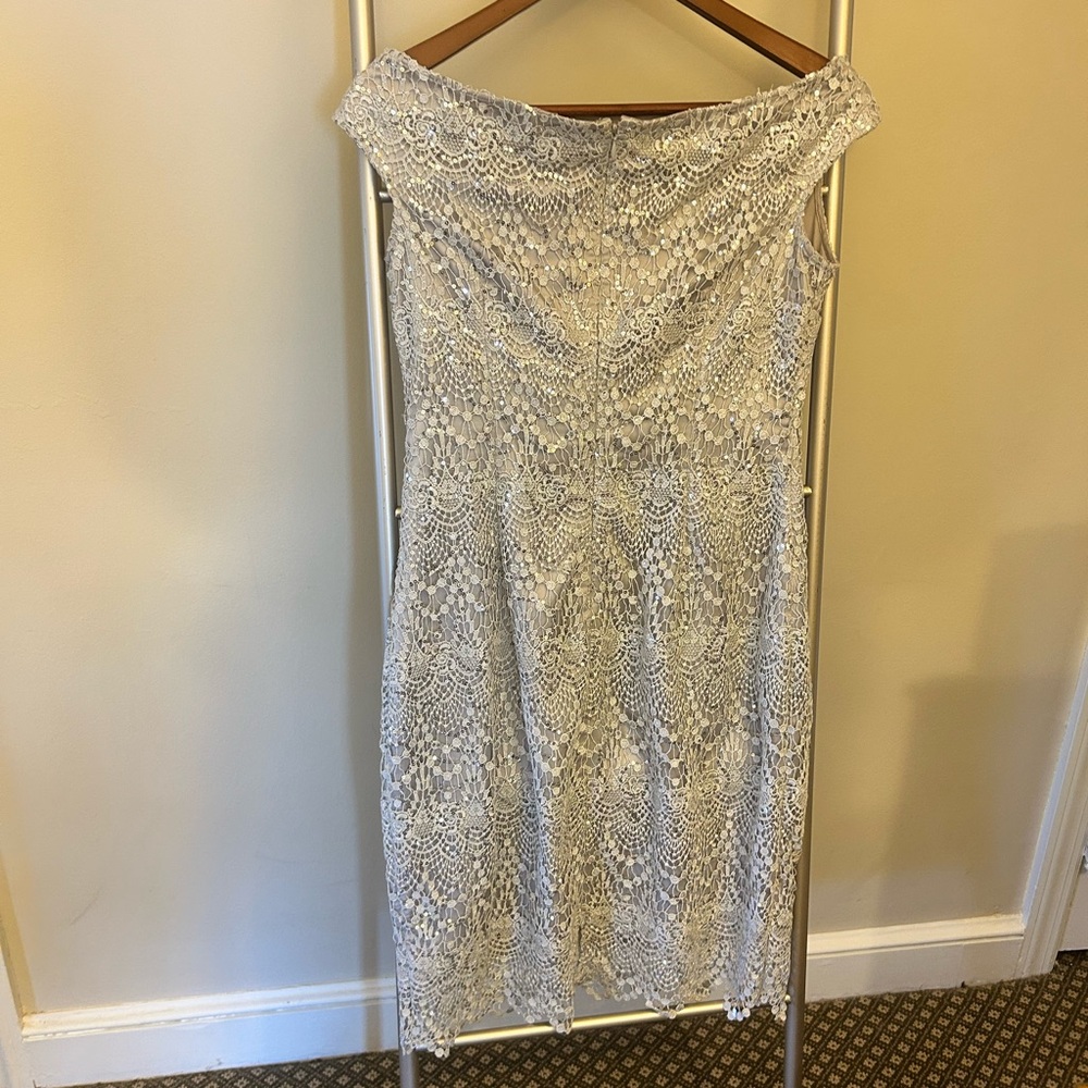 Kay Unger Off the Shoulder Midi Dress Silver Sequin Lace Metallic - Picture 3 of 4